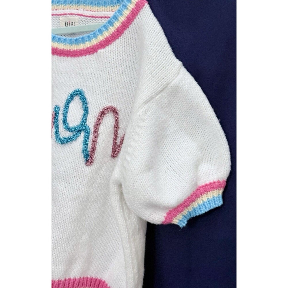 EUC BiBi Fuzzy Cursive Script Spring Sweater Coquette Y2K Puff Sleeve Knit Top S - Picture 6 of 15